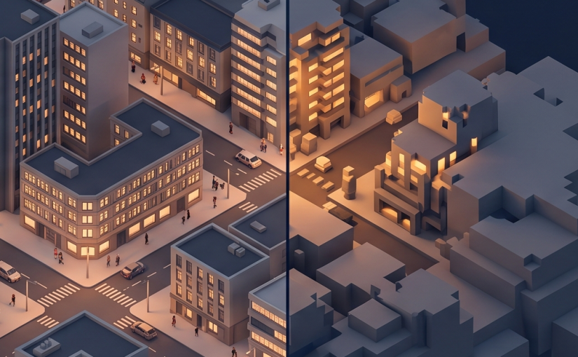 A detailed city (SimCity) and a voxel city (Minecraft) - Representing different AIs